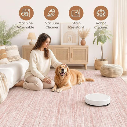 Nakagishi 7X9 Area Rugs Living Room: Washable Large Vintage Rug Neutral Non-Slip Soft Stain Resistant Indoor Carpet for Bedroom Nursery Dining Room Office Playroom - Pink