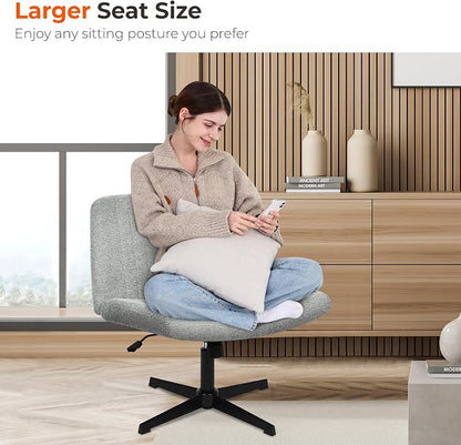 NEO CHAIR Criss Cross Chair No Wheel Vanity Desk Chair Wide Armless Cross Legged Office Comfy Makeup Adjustable Computer Task for Home Office Fabric (Grey)
