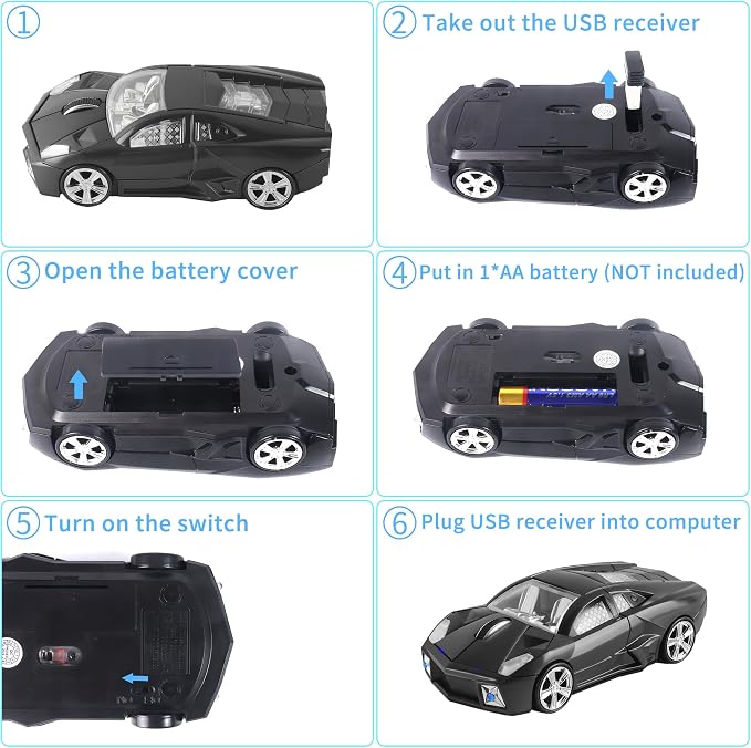 CHUYI Cool Sports 3D Car Shape Wireless Mouse Optical Cordless Mice with USB Receiver for Office School Home Travel for PC Laptop Computer Gift (Black-1 Pack)