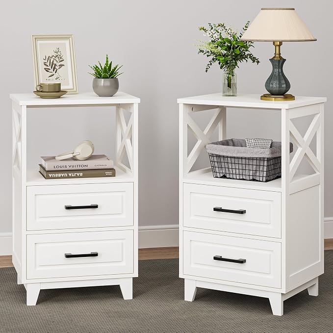 RoyalCraft 30" Tall Nightstand, Modern Painted Bedside Table with 2 Drawers and Open Shelf, Wood Side Table for Bedroom, Home Office, White-Open Shelf Above, Set of 2