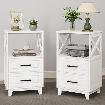 RoyalCraft 30" Tall Nightstand, Modern Painted Bedside Table with 2 Drawers and Open Shelf, Wood Side Table for Bedroom, Home Office, White-Open Shelf Above, Set of 2