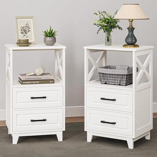 RoyalCraft 30" Tall Nightstand, Modern Painted Bedside Table with 2 Drawers and Open Shelf, Wood Side Table for Bedroom, Home Office, White-Open Shelf Above, Set of 2