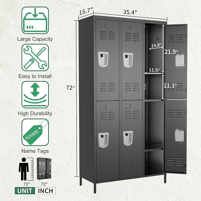 6 Door Metal Lockers for Employees,6 Heavy-Duty Hooks,72" Secure Storage for Home,Offices,Schools & Gyms | Black