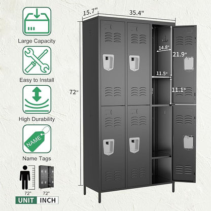 6 Door Metal Lockers for Employees,6 Heavy-Duty Hooks,72" Secure Storage for Home,Offices,Schools & Gyms | Black