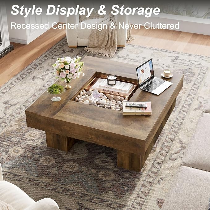 LVB Coffee Table, Modern Wood Led Living Room Table with Storage, Farmhouse Large Square Center Table with LED Light, Unique Wide Low Tea Table for Living Room Home Office, 39.37 Inch, Rustic Oak