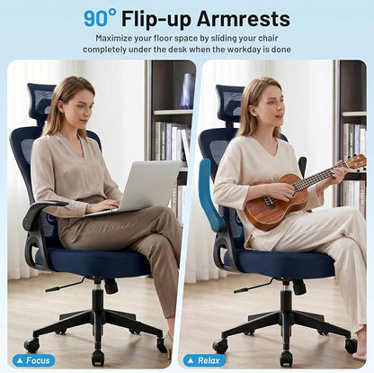 Office Chair Ergonomic Desk Chair with Adjustable Headrest Lumbar Support, High Back Breathable Mesh Chair with 120° Tilt & Flip-Up Armrests, Swivel Comfy Task Computer Chair for Work, Study