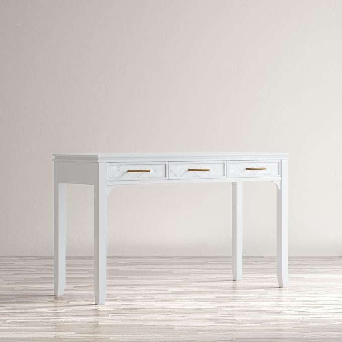 Jofran Mid-Century Modern Acacia Wood Writing Desk with 3 Drawers and USB Charging Port, 48 Inch Computer Desk for Home Office Work, Blanc