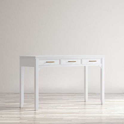 Jofran Mid-Century Modern Acacia Wood Writing Desk with 3 Drawers and USB Charging Port, 48 Inch Computer Desk for Home Office Work, Blanc