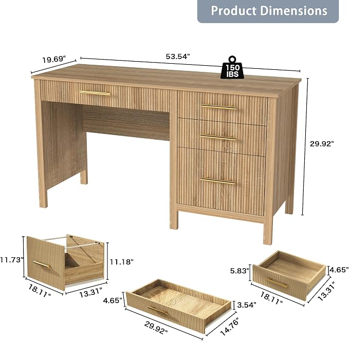 Fluted Executive Desk with Drawers: 54" Oak Home Office Desks with File Drawers, Modern Computer Desk with Gold Handles, Writing Table for Study, Living Room (Oak, 54")