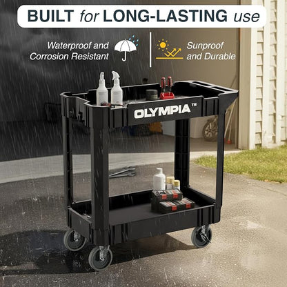 Olympia Tools 2 Shelf Black Rolling Utility Cart - Supports Up to 500 lbs, Comfort Handle - Heavy Duty Carts with Wheels - Great for Warehouse, Garage, Manufacturing, Cleaning