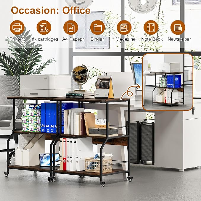 23.62 x 18.9” Large Printer Stand with Locking Wheels, 3 Tier Printer Table with Storage, Rolling Cart Station for Home Office Kitchen, Rustic Brown