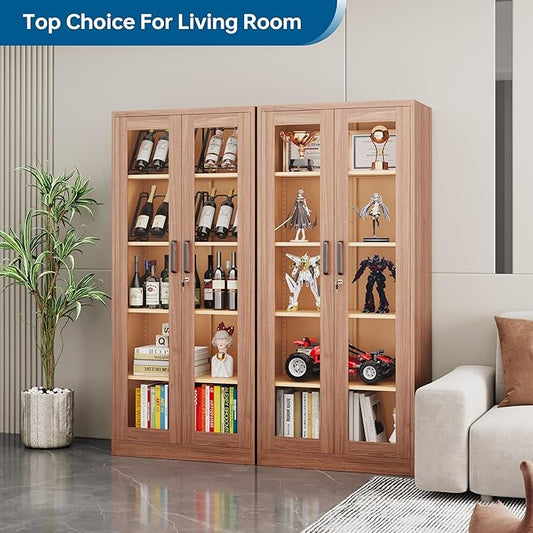 PEUKC Display Cabinet with Glass Doors, 71 Inches Metal Display Case with 4 Adjustable Shelves, Curio Storage Cabinet with Lock for Home, Office, Book, Pantry, Assemble Required (Wood Color)