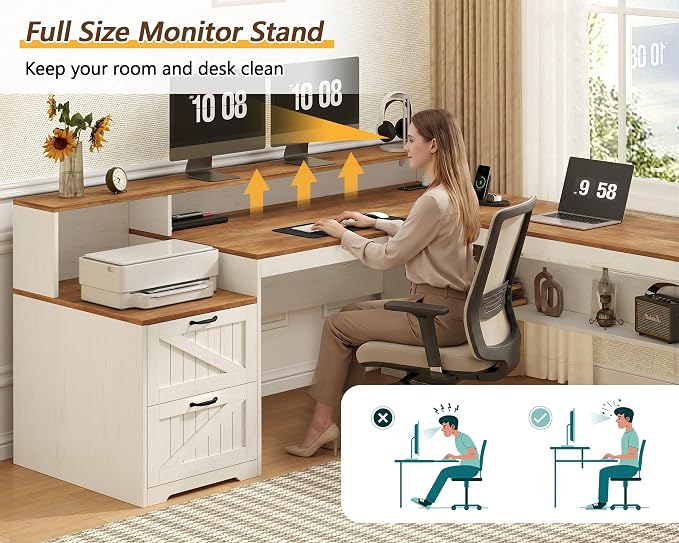 YOMILUVE Farmhouse 63" L Shaped Desk with Drawers, Home Office Desks with Storage Shelves and Printer Stand, Corner Computer Desk with Power Outlets and Monitor Stand, Brown and White