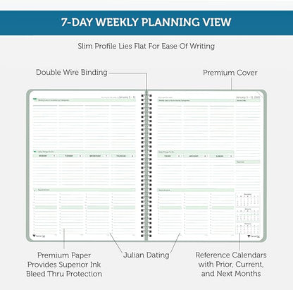 Planner Pad Spiral Bound January-December 2026/ Calendar Year 8 1/2" x 11" Large 3-Tier Funnel Down 12 Month Organizer, Greenish Grey Cover/Soft Green Ink