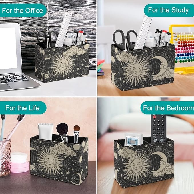 Niapessel Pencil Holder for Desk, Abstruse Astrology Sun Moon Pen Holder Storage Desktop Pen Organizer Desk Pencil Organizer Makeup Brush Holder for Office School College Leather