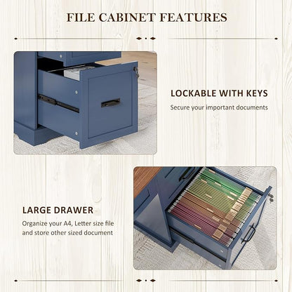 Whalefall 55'' Farmhouse Desk Home Office with Drawers, Blue | Executive Computer Desk with File Cabinet and Charging Station, Wooden Small Desk with Locking Drawers Storage