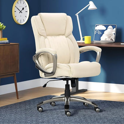 Serta Garret Executive Office Chair, Ergonomic Mid-Back with Lumbar Support, Semi-Plush Cushion and Body Pillows, Padded Armrests, Swivel Base, Bonded Leather, Ivory White