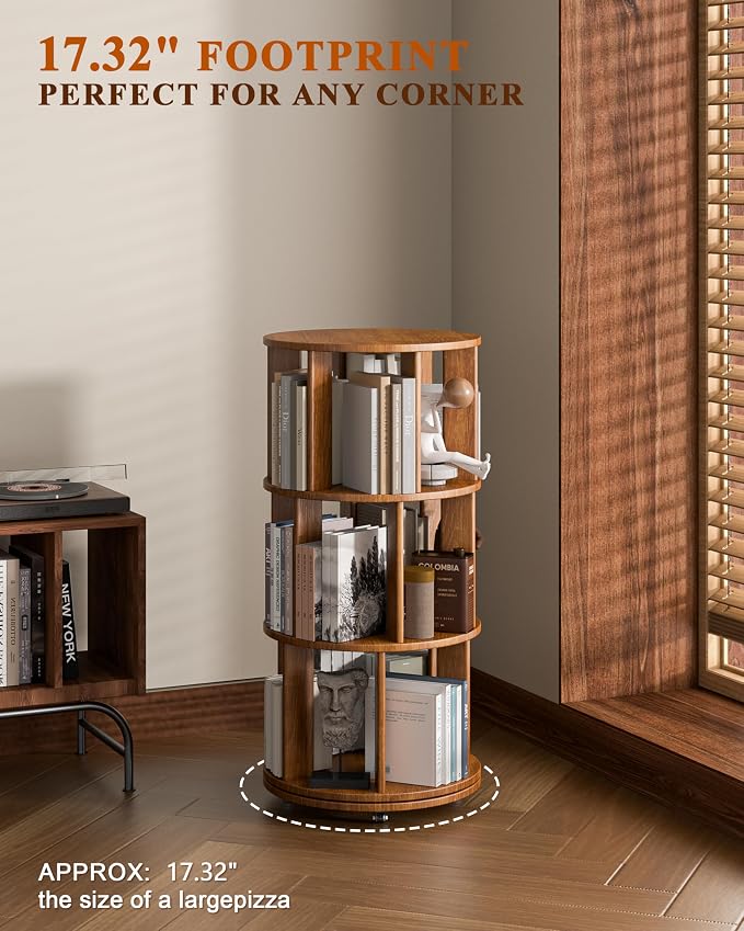 3-Tier Solid Wood Rotating Bookshelf on Wheels, 360° Spinning Book Shelf Tower, Round Revolving Bookcase Organizer, Rolling Bookshelves for Small Spaces, Corner, Bedroom, Kids Room, Office, Walnut
