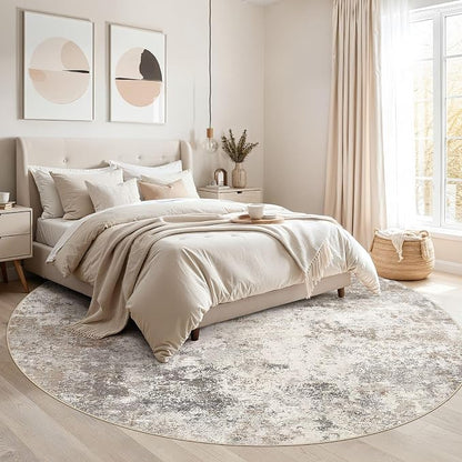UERMEI 8ft Round Area Rug Living Room Rugs - 8x8 Washable Neutral Modern Abstract Soft Thin Rug Indoor Floor No Slip Rug Carpet for Bedroom Under Dining Table Home Office Decor - Brown Grey