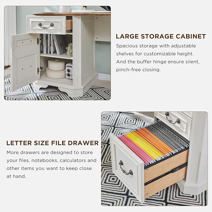T4TREAM 59" Executive L Shaped Desk with Drawers,Farmhouse Wood Computer Corner Desk, Featuring Charging Station,File Drawer, Storage Cabinet,for Home Office Work and Study (Antique White)