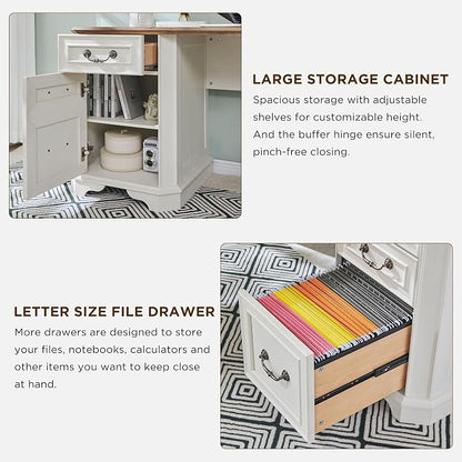 T4TREAM 59" Executive L Shaped Desk with Drawers,Farmhouse Wood Computer Corner Desk, Featuring Charging Station,File Drawer, Storage Cabinet,for Home Office Work and Study (Antique White)