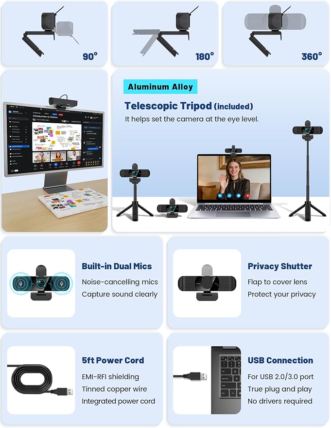 Pro QHD 2K/60fps Webcam with Tripod, External USB Camera for PC/Laptop | Dual noise-cancelling mics | Auto-focus | Wide-angle | Low-light correction | 360° rotation | CMOS sensor | Plug and Play