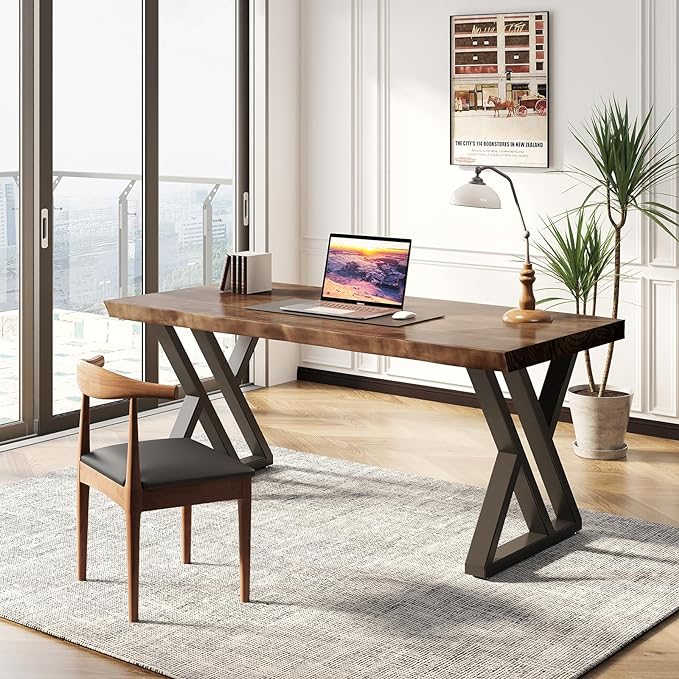 Solid Wood Desk 55 inches, Home Office Computer Desk Wooden Rustic Writing Desk Metal Modern Simple Design Executive Real Wood Desk(Rustic Brown)