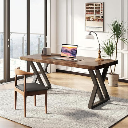 Solid Wood Desk 55 inches, Home Office Computer Desk Wooden Rustic Writing Desk Metal Modern Simple Design Executive Real Wood Desk(Rustic Brown)