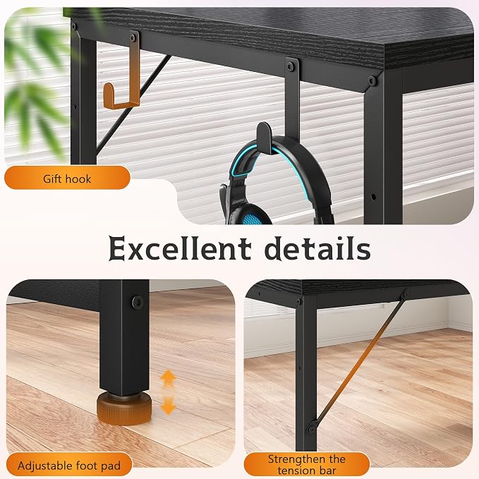 DurayLoly 48.1'' Gaming Desk with Printer Shelf & LED Lights, Reversible Computer Desk with Power Outlets & Drawers, Gaming Table with Hooks for Headphone,Small Desk for Teens, Bedroom & Dorm,Black