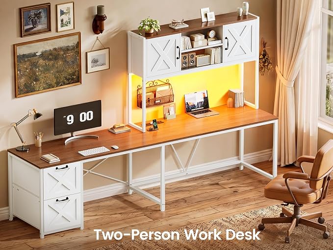 SEDETA Farmhouse L Shaped Desk with Hutch, Reversible 86.6" Computer Desk with Power Outlet, Drawers and LED Light for Home Office/Two Person, Corner Desk with Storage Shelves, White and Brown