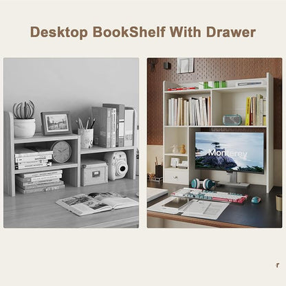 ChooChoo Desktop Bookshelf with Lights, 36.4" Tall Countertop Desk Hutch with 5 Shelves and 1 Drawer for Computer Desk, Desk Shelf Organizer for Dorm Office Home,White