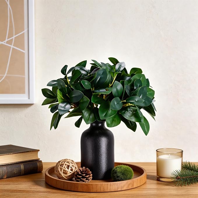 12 Inch Artificial Plant Indoor,Small Fake Plants Eucalyptus Stems With Vase,Faux Greenery In Pot For Farmhouse Home Decor,Bathroom Living Room Kitchen Office Coffee Table Centerpiece (Black)