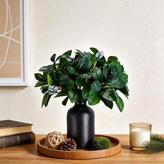 12 Inch Artificial Plant Indoor,Small Fake Plants Eucalyptus Stems With Vase,Faux Greenery In Pot For Farmhouse Home Decor,Bathroom Living Room Kitchen Office Coffee Table Centerpiece (Black)