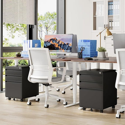 Dripex 3 Drawer Black File Cabinet, Mobile Under Desk Storage File Cabinet with Lock on Wheels, Letter/Legal Size,Fully Assembled, Small Short Vertical Metal Rolling Filing Cabinets for Home Office