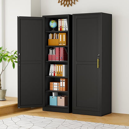 pozdeg 67" Metal Storage Cabinet with Lock, Tall Narrow Office File Cabinets with 5 Adjustable Shelves, Metal Steel Locker for Home, School, Office, Garage or Gym (Black)