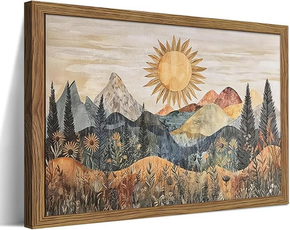 Framed Boho Sun Canvas Wall Art, Modern Abstract Mountain Landscape Painting, Southwestern Sun Poster Picture Print, Boho Floral Aesthetic Wall Decor for Bedroom Home Office 12x16 inch