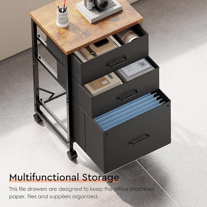 Maihail 3 Drawer Mobile File Cabinet with Wheels Fabric Vertical Filing Cabinet fits A4 or Letter Size for Home Office,Rustic Brown
