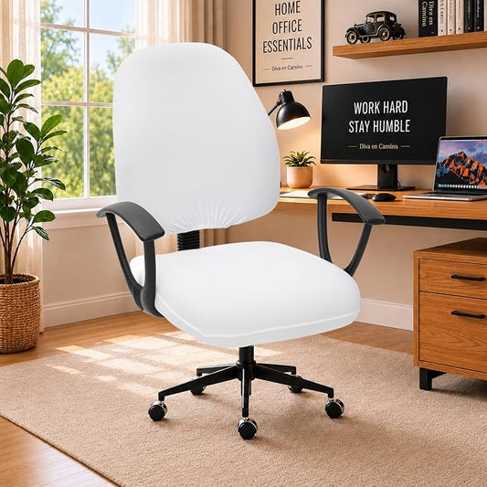 Stretchable Desk Office Chair Seat Covers - Universal Spandex Computer Chair Slipcover - Removable Washable Rotating Backrest Coverings & Cushion Protectors for Dogs, Cats, Pets, White