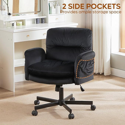 Bestier Criss Cross Office Chair with Flip-Up Armrests, Swivel Makeup Vanity Chair with Wheels & Side Pockets, Cross Legged Office Chair for Home Office, Bedroom, Black Velvet