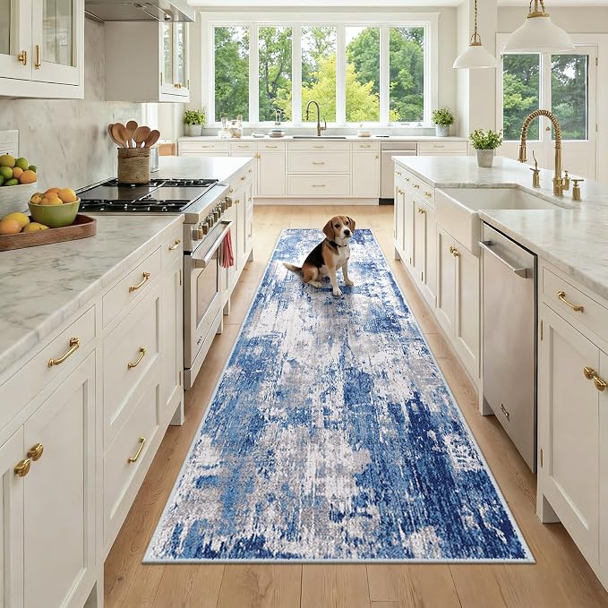 RELEANY Washable Area Rugs 3x9 Non-Slip Modern Abstract Soft for Living Room Entryway Bedroom Kitchen, Print Pattern, Blue Grey Navy Gray