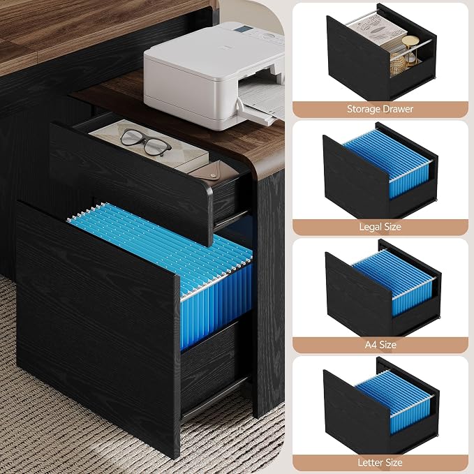Mid-Century Modern 78" L-Shaped Executive Desk with Independent Mobile File Cabinet, Large Home Office Desk with Drawers and 4 AC + 2 USB Power Outlets, Waterfall Edge Design, Black