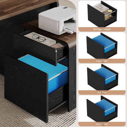 Mid-Century Modern 78" L-Shaped Executive Desk with Independent Mobile File Cabinet, Large Home Office Desk with Drawers and 4 AC + 2 USB Power Outlets, Waterfall Edge Design, Black