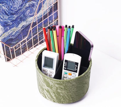 Round Leather Art Supply Organizer,Remote Control Holder,360 Degree Spinning,Multi-Functional Pencil Holder,4 Compartments Desktop Stationary Organizer(1-Hill Green)