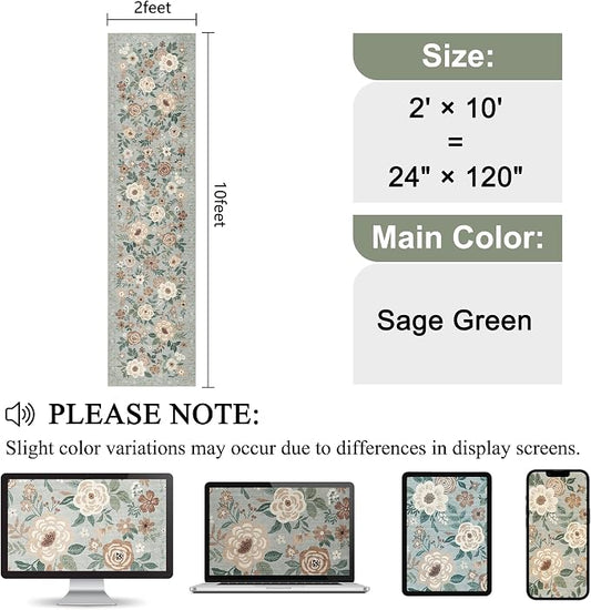 DUKINO Runner Rug, 2x10 Kitchen Runner Rug for Hallway with Non Slip Backing, Washable Low Pile Soft Boho Floral Carpet for Kitchen, Entryway, Hallway, Laundry, Bedroom, Sage Green
