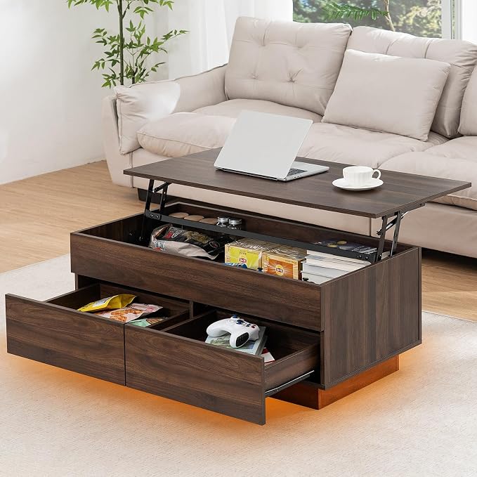 HOMMPA 40'' Lift Top Coffee Table for Living Room, Walnut Coffee Tables with Storage, LED Modern Coffee Table Rectangular Wooden Gloss, Flip Top Center Table with 2 Drawers and Hidden Compartment