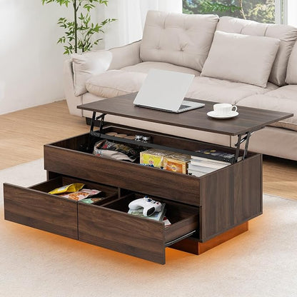 HOMMPA 40'' Lift Top Coffee Table for Living Room, Walnut Coffee Tables with Storage, LED Modern Coffee Table Rectangular Wooden Gloss, Flip Top Center Table with 2 Drawers and Hidden Compartment