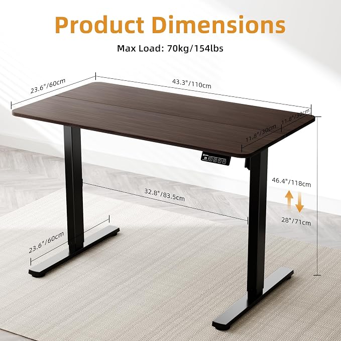 ERGOMAKER Electric Standing Desk, 43.3" x 23.6" Height Adjustable Sit Stand Desk with Splice Board for Home Office, Computer Desk Memory Preset (Black Frame, Walnut Desktop)