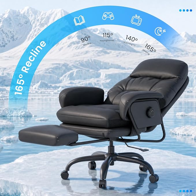 FLEXISPOT Cooling Ergonomic Office Chair with Footrest Indoor Lounge Computer Chair with 90-165° 4-Level Reclining, Chairs for Working Relaxing Sleeping, Tech Cooling Leather with 0.4 Q-Max, Black
