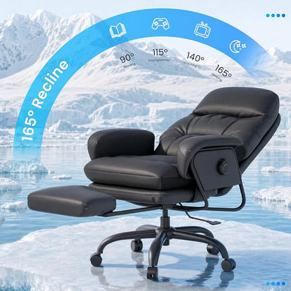 FLEXISPOT Cooling Ergonomic Office Chair with Footrest Indoor Lounge Computer Chair with 90-165° 4-Level Reclining, Chairs for Working Relaxing Sleeping, Tech Cooling Leather with 0.4 Q-Max, Black