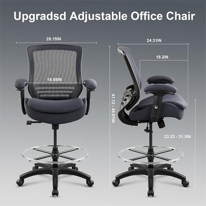 400lbs Office Drafting Chair Wide Dual Seat Cushion Height Adjustable Armrest for High Standing Desk with Lumbar Support and Enlarged Adjustable Footrest (Black Frame Gray Fabric)